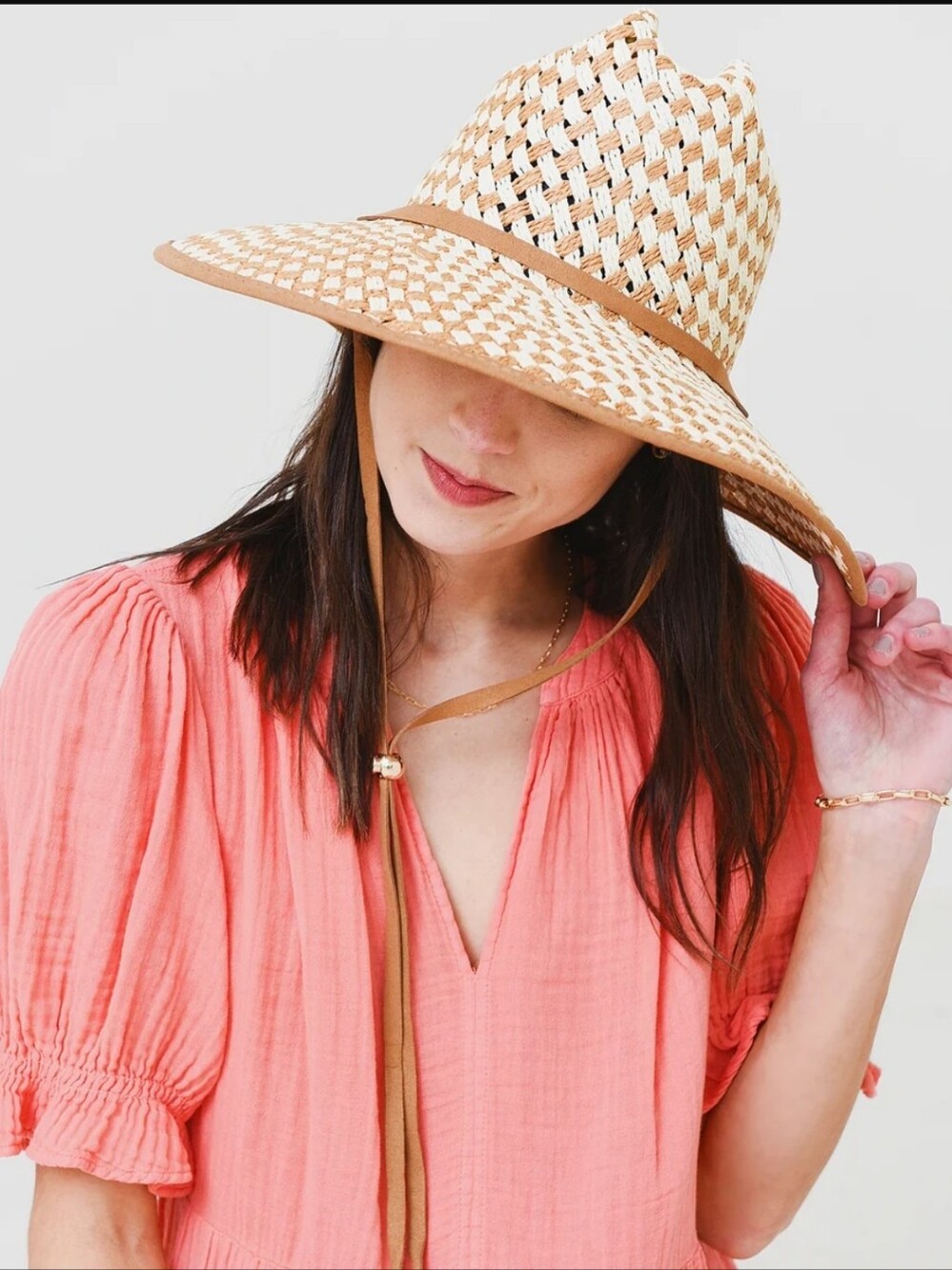 Lele Sadoughi Woven Straw Hat OS Natural Tan Checkered